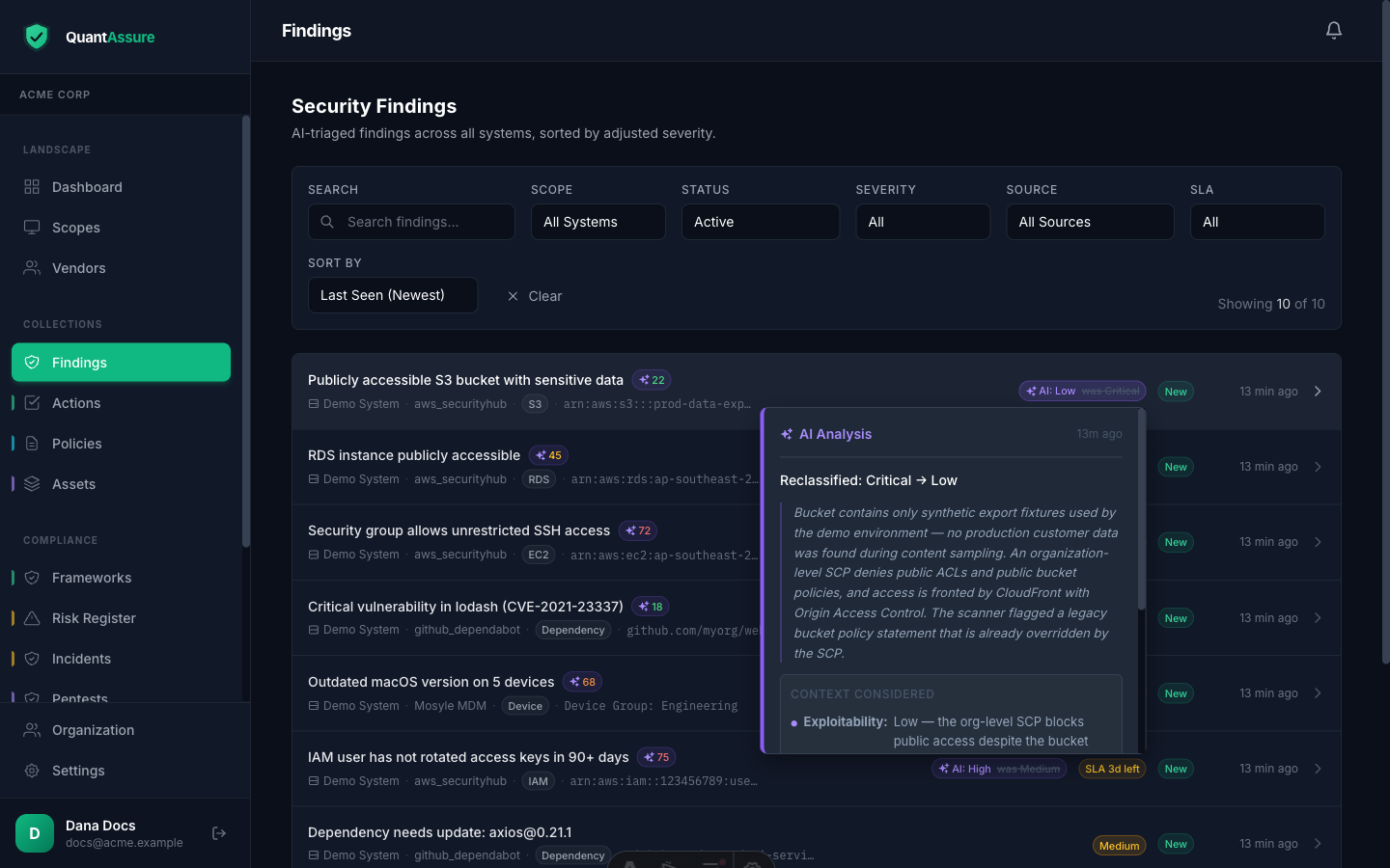 AI provenance popover showing the reclassification, full reasoning, exploitability assessment, and analysis timestamp