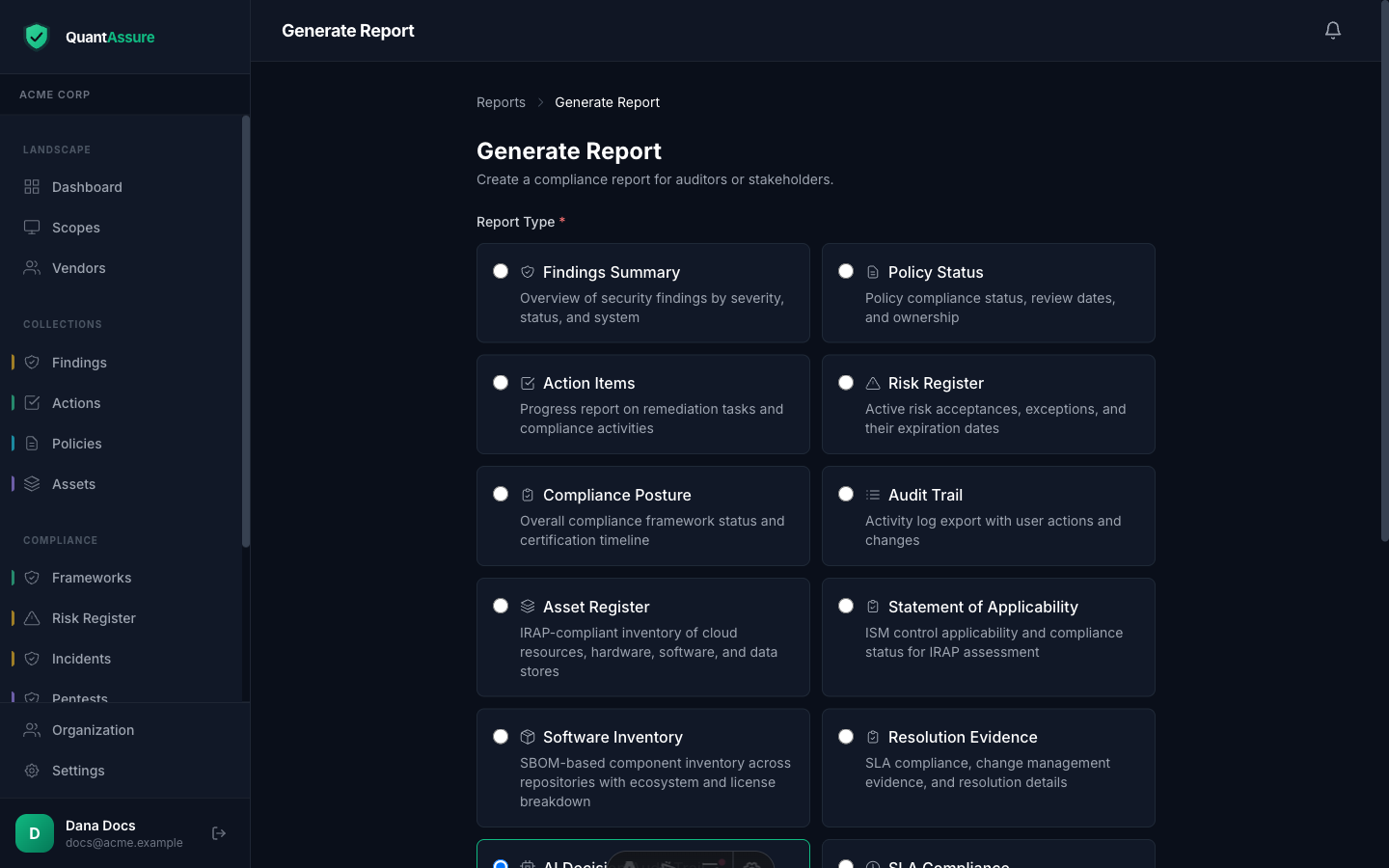 New report form with report type, name, period dates, and optional system filter