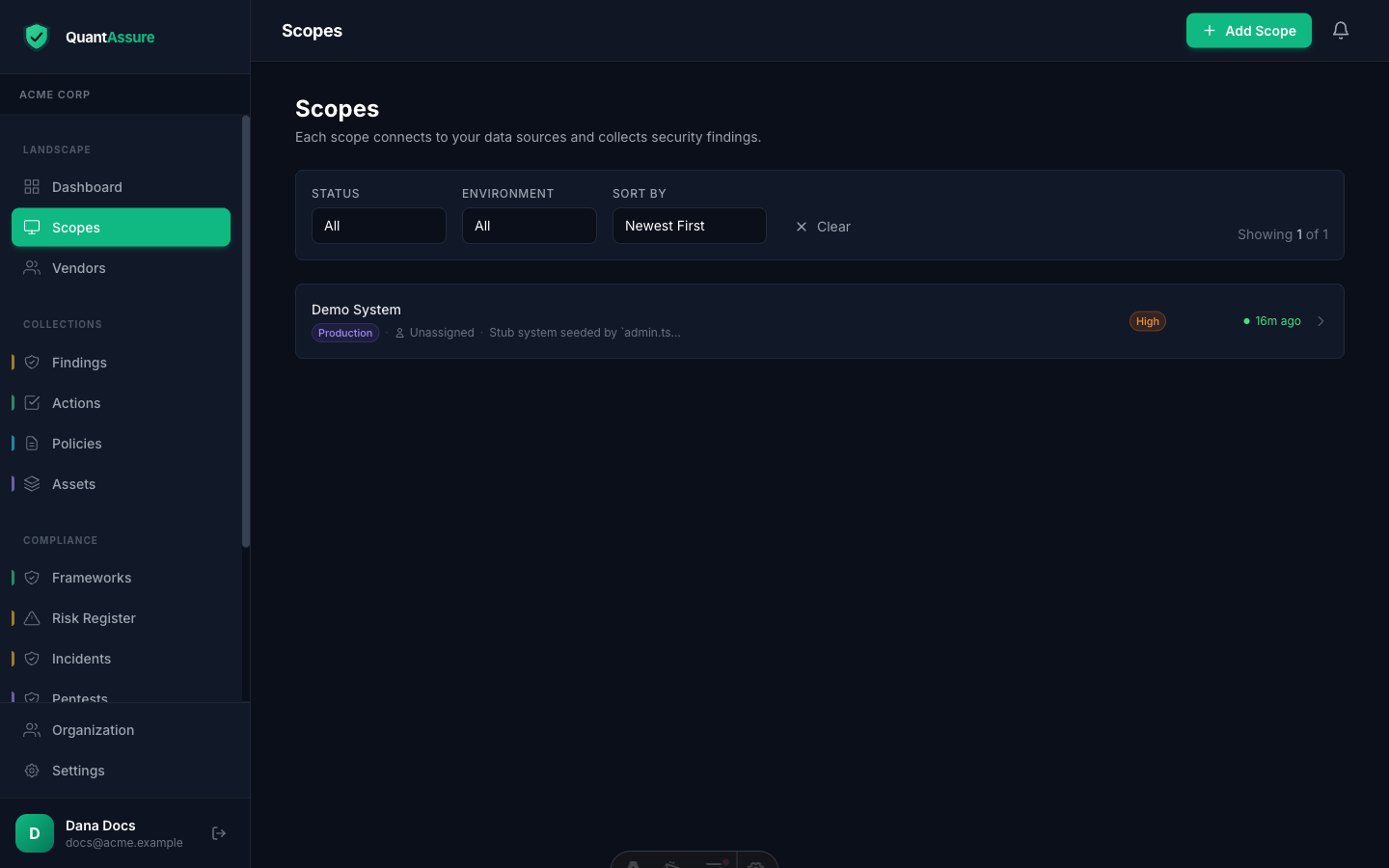 Scopes list showing connected systems with their environment, criticality, and monitoring status