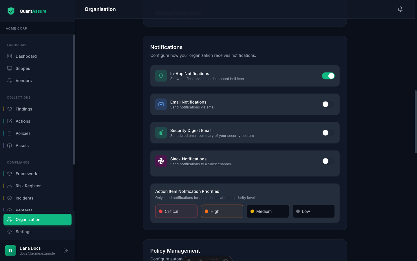 Notification settings showing in-app, email, and Slack channels plus the security digest email options
